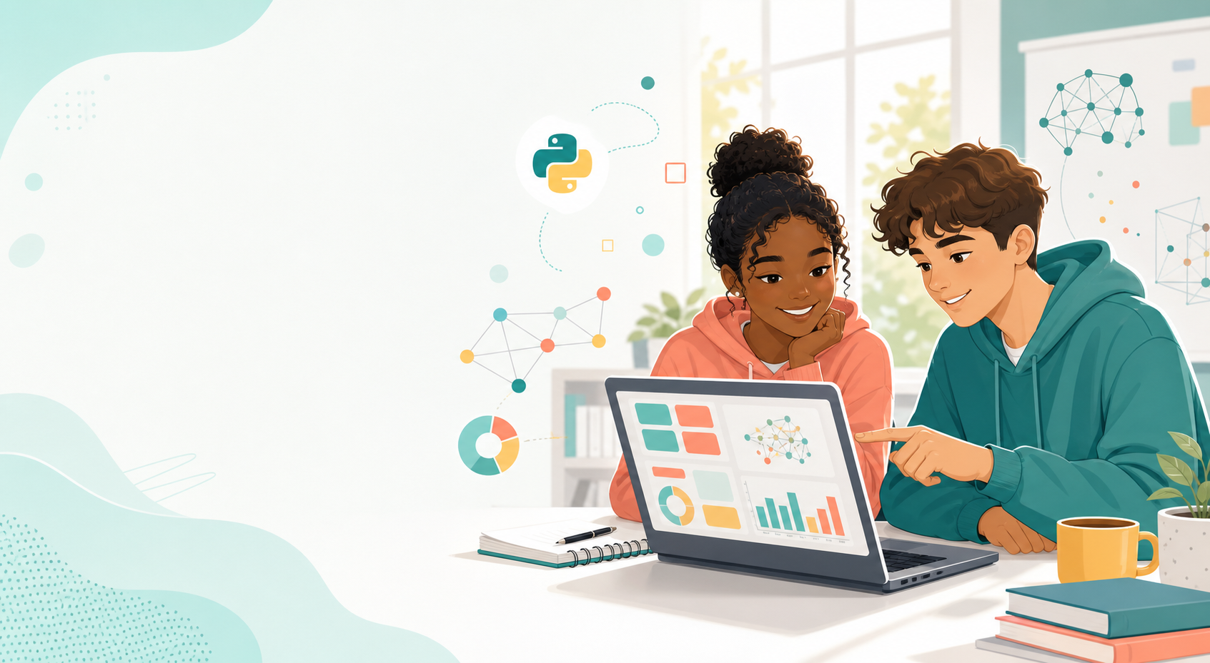 Ilustrație cu elevi care învață Python și analiza datelor pe laptop